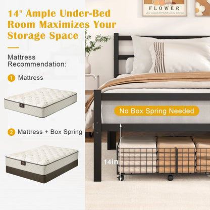 Mr IRONSTONE Heavy Duty Queen Size Metal Platform Bed Frame with Headboard and Footboard 14" High Under Bed Storage Space, No Box Spring Needed, Black