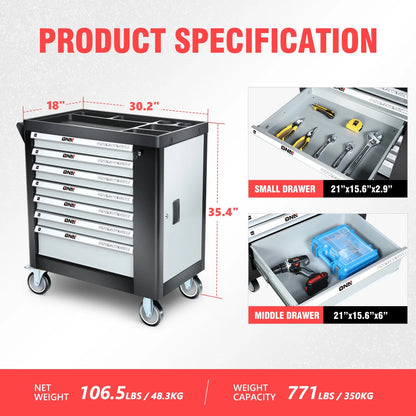 7-Drawers Rolling Tool Chest Cabinet with Casters, Locking System, Top Worktop, for Garage Warehouse Workshop, Grey