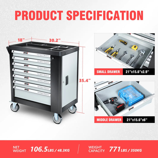 7-Drawers Rolling Tool Chest Cabinet with Casters, Locking System, Top Worktop, for Garage Warehouse Workshop, Grey