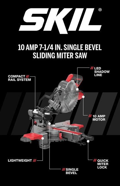 SKIL MS6316-00 10 Amp 7-1/4" Single Bevel Miter Saw with Compact Rail System & LED Shadow Line