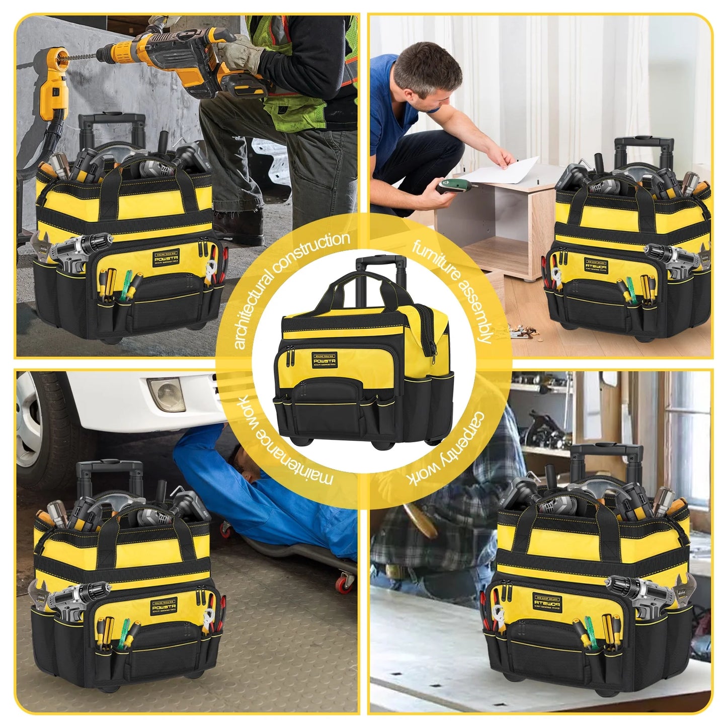 18" Rolling Tool Bag with Wheels, 15-Pocket Heavy Duty Rolling Tool Storage Bag with Retractable Handle for Construction, Carpentry, Repair