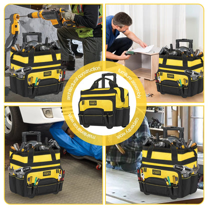 18" Rolling Tool Bag with Wheels, 15-Pocket Heavy Duty Rolling Tool Storage Bag with Retractable Handle for Construction, Carpentry, Repair