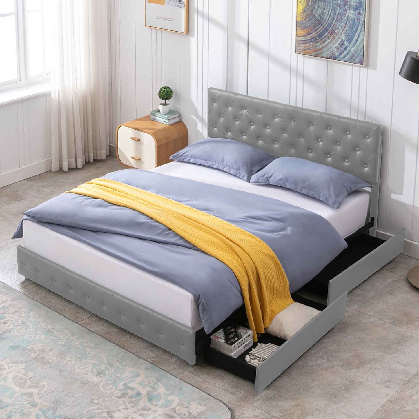 Cecer King Size Upholstered Platform Bed Frame with 4 Storage Drawers, PU Leather Modern Bed Frame with Adjustable Headboard, Easy Assembly Grey