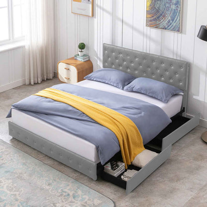 Cecer King Size Upholstered Platform Bed Frame with 4 Storage Drawers, PU Leather Modern Bed Frame with Adjustable Headboard, Easy Assembly Grey