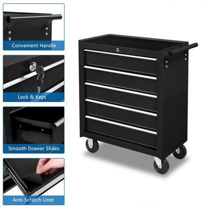 POVANLI 5 Drawers Rolling Tool Chest Cabinet with Wheels, Tool Storage Cabinet and Tool Box Organizer for Garage Warehouse Workshop, Black