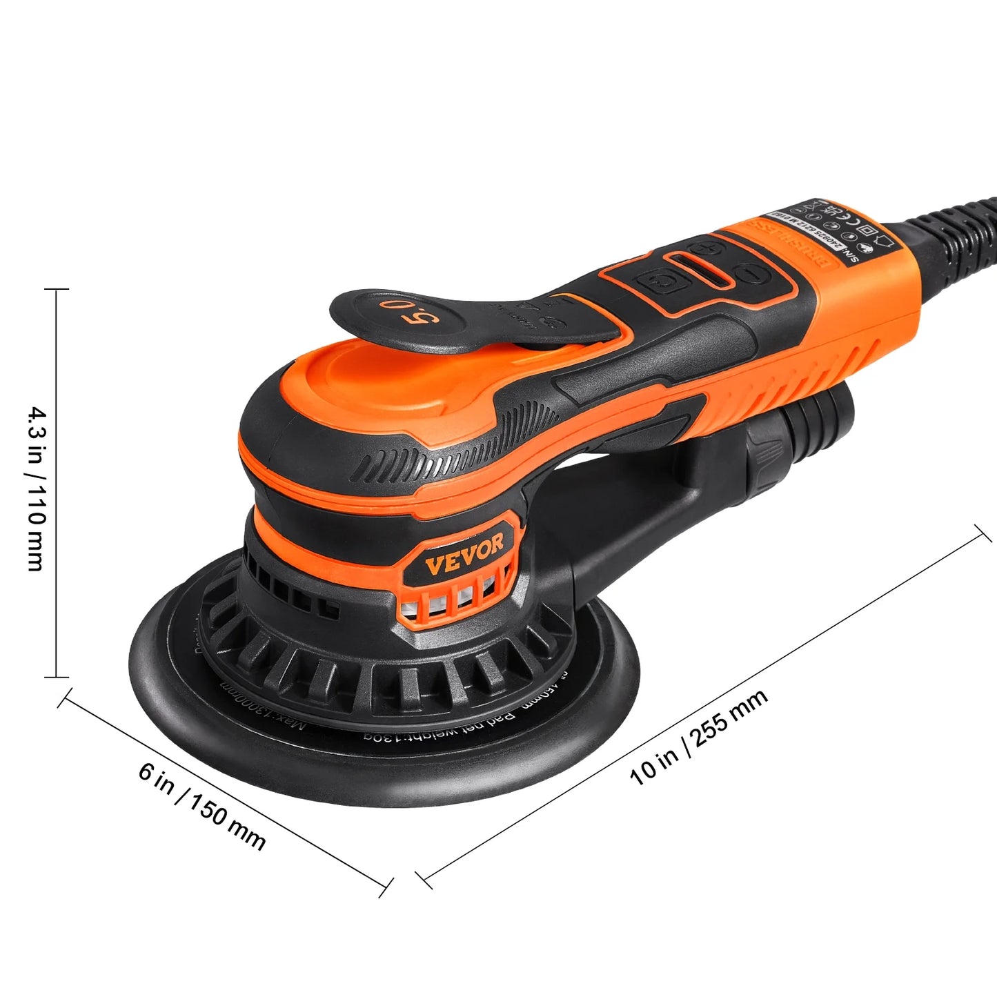 VEVOR Random Orbital Sander 5 & 6-Inch, 350W Brushless Orbital Sander, 10,000 PRM 6 Variable Speed Electric Palm Sander with 20PCS Sandpapers, Dust Connector & Hose for Woodworking Detailing Sanding