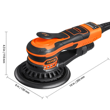 VEVOR Random Orbital Sander 5 & 6-Inch, 350W Brushless Orbital Sander, 10,000 PRM 6 Variable Speed Electric Palm Sander with 20PCS Sandpapers, Dust Connector & Hose for Woodworking Detailing Sanding