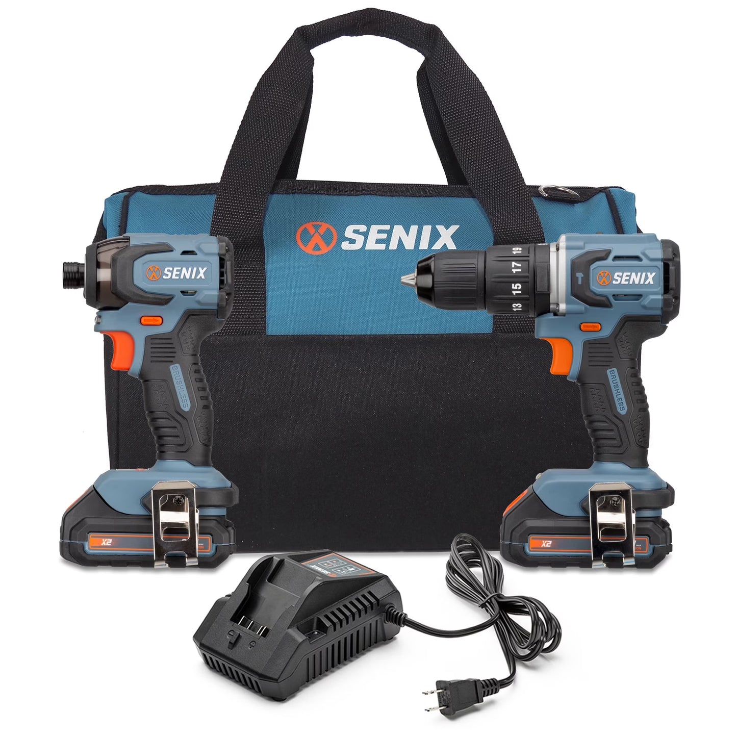 SENIX 20 Volt Max* 2-Piece Cordless Brushless Combo Kit, 1/2-Inch Hammer Drill Driver & 1/4-Inch Impact Driver (2 x Batteries, 1 x Charger and Soft Bag Included) S2K2B2-02
