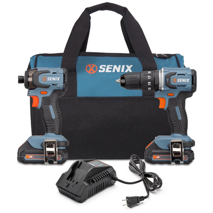 SENIX 20 Volt Max* 2-Piece Cordless Brushless Combo Kit, 1/2-Inch Hammer Drill Driver & 1/4-Inch Impact Driver (2 x Batteries, 1 x Charger and Soft Bag Included) S2K2B2-02
