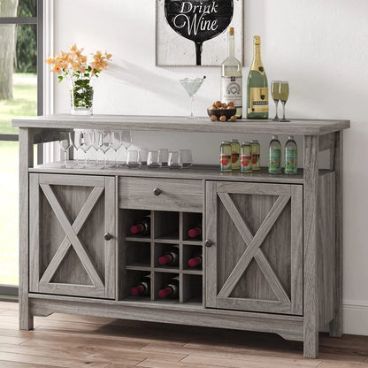 Catrimown Farmhouse Coffee Bar Cabinet, 47" Sideboard Buffet Cabinet with Barn Door, Buffet Storage Cabinet with Removable Wine Rack, Farmhouse Gray