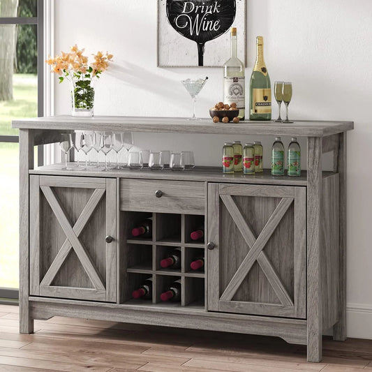 Catrimown Farmhouse Coffee Bar Cabinet, 47" Sideboard Buffet Cabinet with Barn Door, Buffet Storage Cabinet with Removable Wine Rack, Farmhouse Gray
