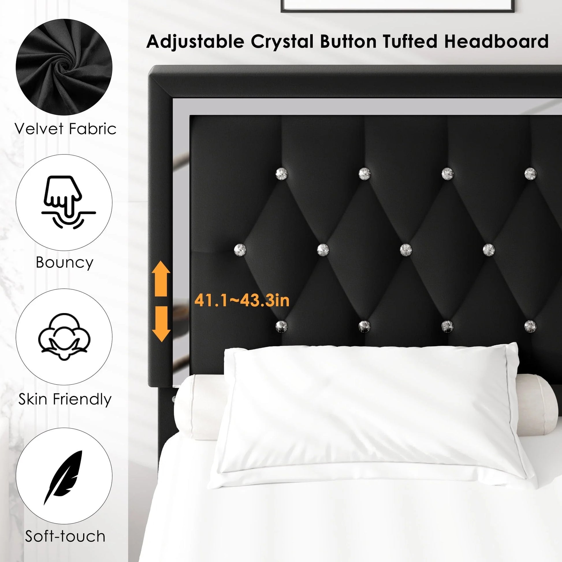 Homfa Queen Size Storage Bed with 4 Drawers, Crystal Buckle Upholstered Platform Bed Frame with Adjustable Headboard for Bedroom, Black