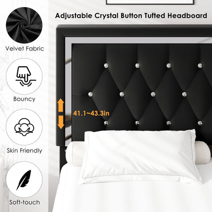 Homfa Queen Size Storage Bed with 4 Drawers, Crystal Buckle Upholstered Platform Bed Frame with Adjustable Headboard for Bedroom, Black