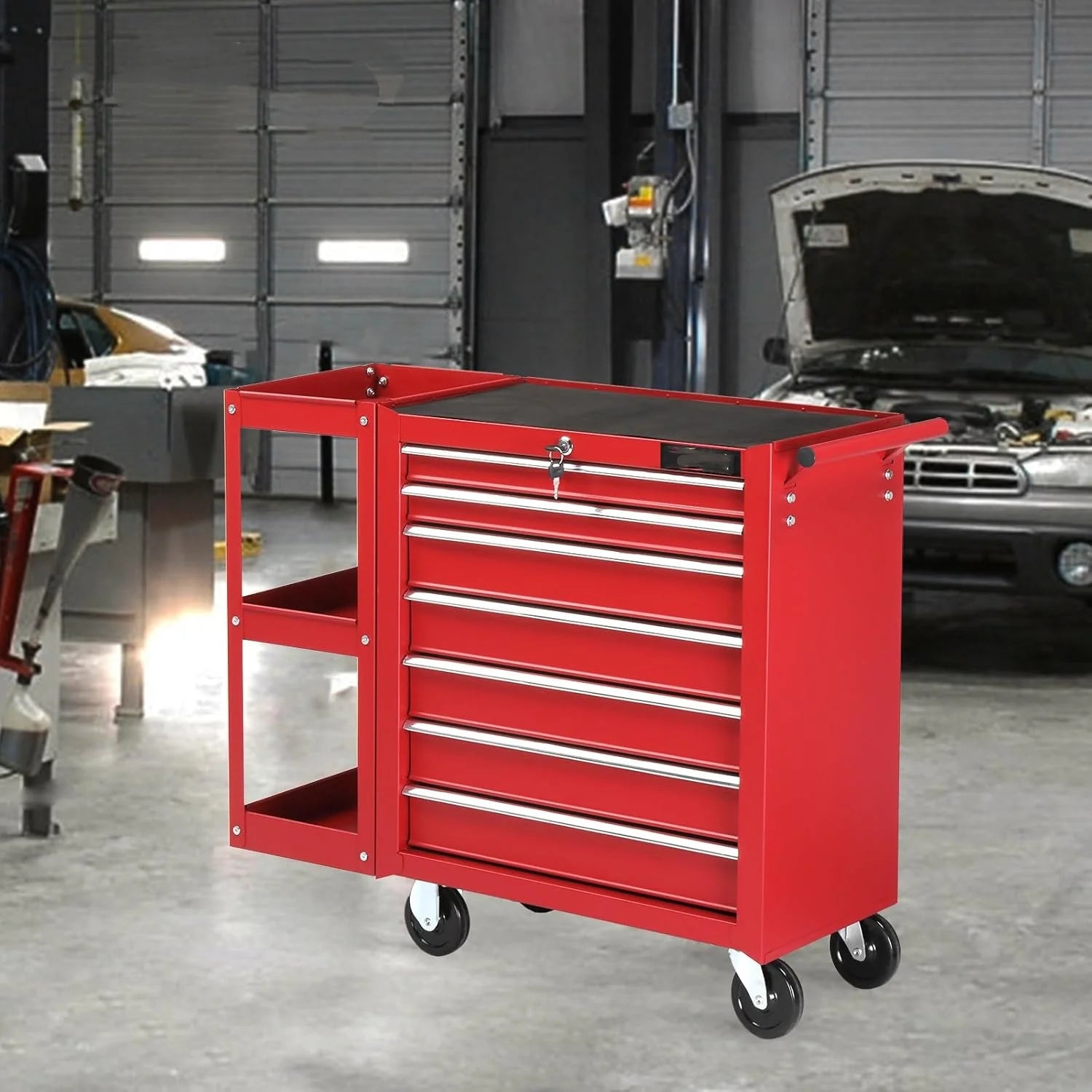 Ktaxon 7-Drawer Rolling Tool Chest with Side Shelves, Tool Storage Side Cabinet w/Lockable Wheels, for Warehouse Garage Repair Shop