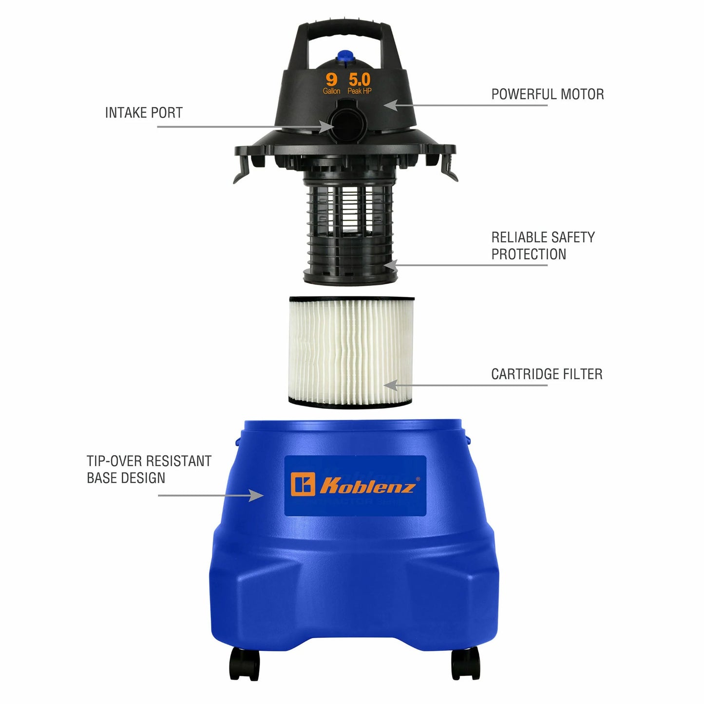 Koblenz 9 Gallon 5 Horse Power Wet/Dry Shop Vacuum, Shop Vac with Blower, Blue (WD-9 L212)