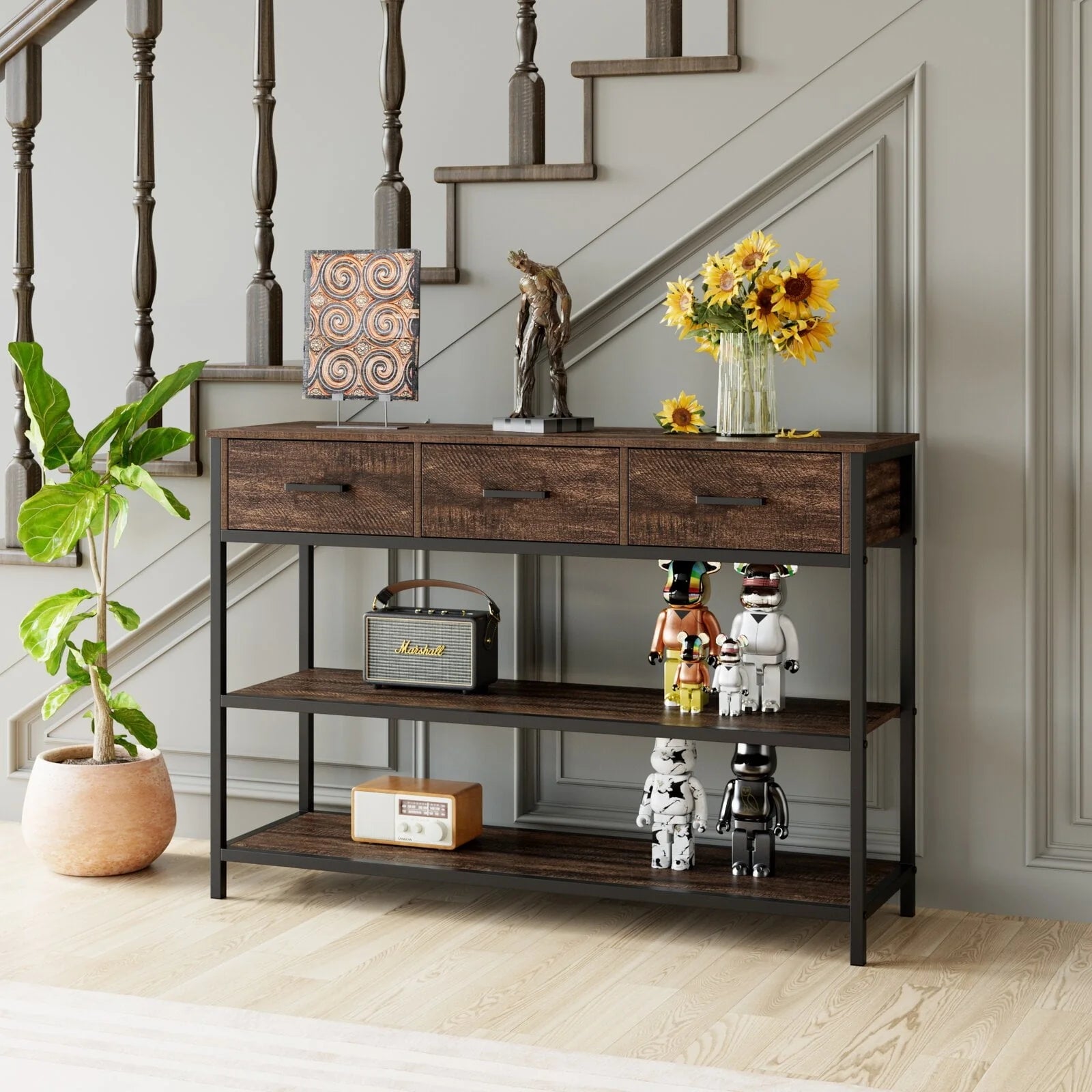 Homfa Console Table with Drawers, 43.3'' Hallway Entryway Table with 3 Tier Storage, Sofa Table for Living Room, Espresso