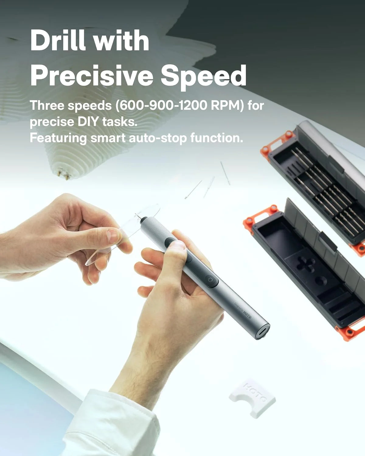 HOTO SNAPBLOQ D-A03 Electric Mini Drill Pen with 20 Bits, Brushless Motor, 3-Speed USB-C Rechargeable Electric Hand Drill, LED Light, Resin Drill Set for Jewelry Making,PCB, Wood, Plastic, DIY