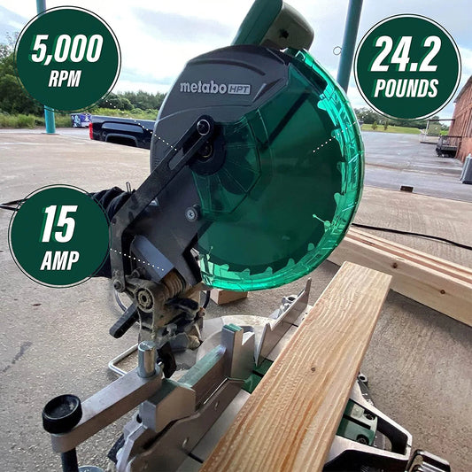 Metabo HPT 10-Inch Compound Miter Saw, Single Bevel, 15-Amp Motor, 0-52 Miter Angle Range, 0-45 Bevel Range, Large Table, 10" 24T TCT Miter Saw Blade C10FCGS