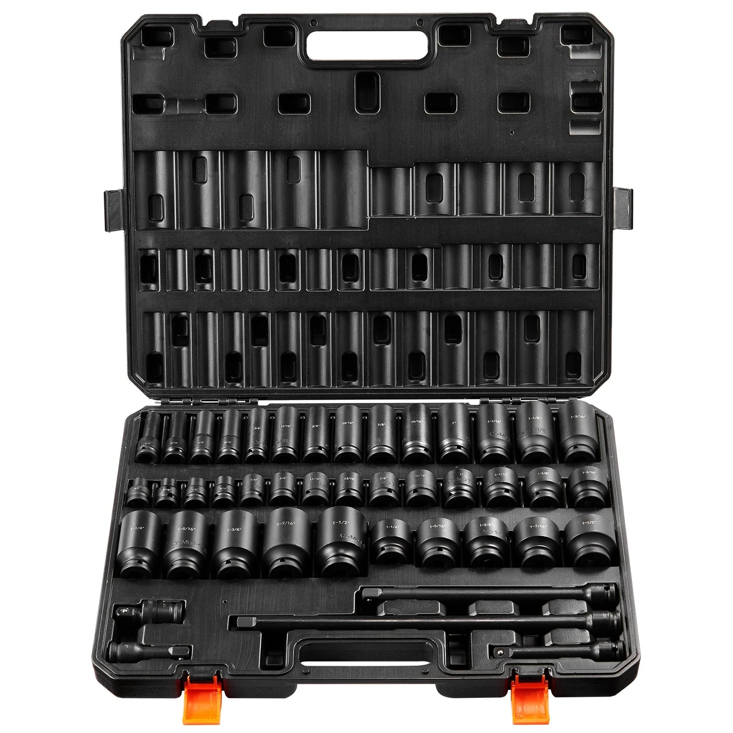 SKYSHALO 43-Pc Impact Socket Set, 1/2" Drive, SAE 3/8"-1-1/2", Deep & Shallow, 6-Point, Cr-Mo Steel, for Automotive Repair, Clear Size Labels, Durable, Includes Case