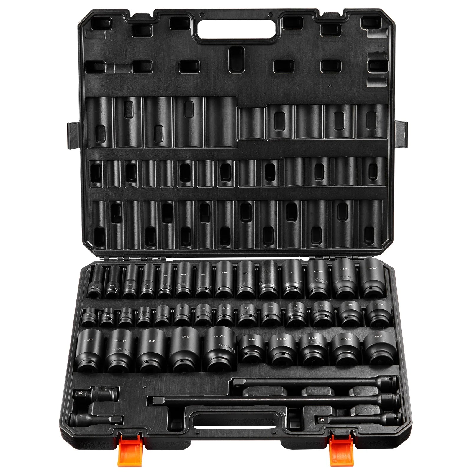 SKYSHALO 43-Pc Impact Socket Set, 1/2" Drive, SAE 3/8"-1-1/2", Deep & Shallow, 6-Point, Cr-Mo Steel, for Automotive Repair, Clear Size Labels, Durable, Includes Case
