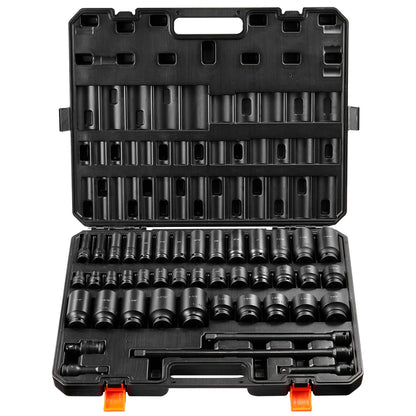 SKYSHALO 43-Pc Impact Socket Set, 1/2" Drive, SAE 3/8"-1-1/2", Deep & Shallow, 6-Point, Cr-Mo Steel, for Automotive Repair, Clear Size Labels, Durable, Includes Case