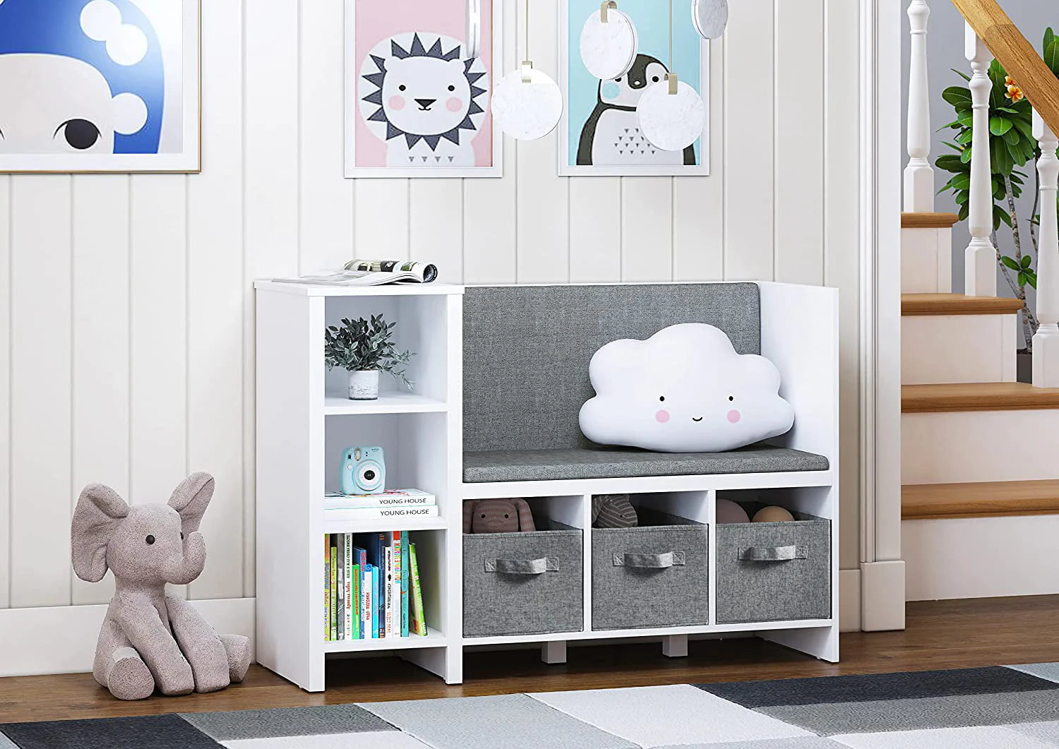 UTEX Kids Bookcase with Reading Seat, 6-Cubby Kids Toy Storage Organizer with Bins, Kids Bookshelf and Storage for Boys and Girls, White