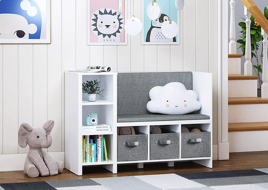 UTEX Kids Bookcase with Reading Seat, 6-Cubby Kids Toy Storage Organizer with Bins, Kids Bookshelf and Storage for Boys and Girls, White