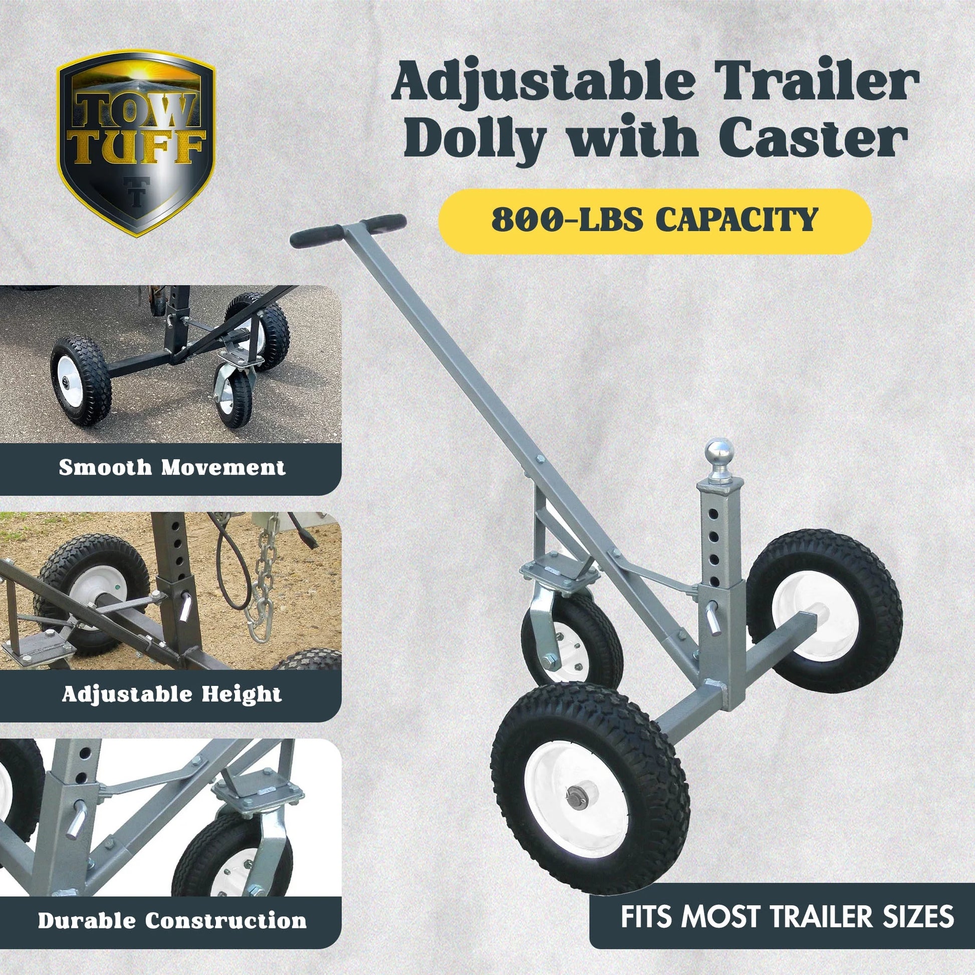 Tow Tuff Adjustable Heavy Duty 800 Pound Capacity Portable Trailer Dolly