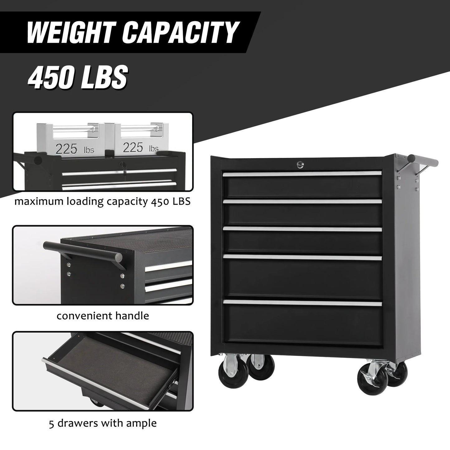 Tool Chest on Wheels, 5-Drawer Rolling Tool Box with Workbench Top, Multifunctional Tool Storage Organizer for Garage, Warehouse, Workshop