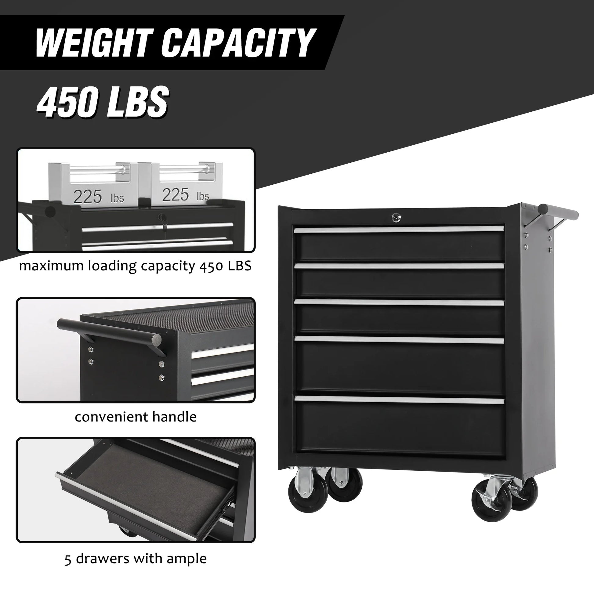 Tool Chest on Wheels, 5-Drawer Rolling Tool Box with Workbench Top, Multifunctional Tool Storage Organizer for Garage, Warehouse, Workshop