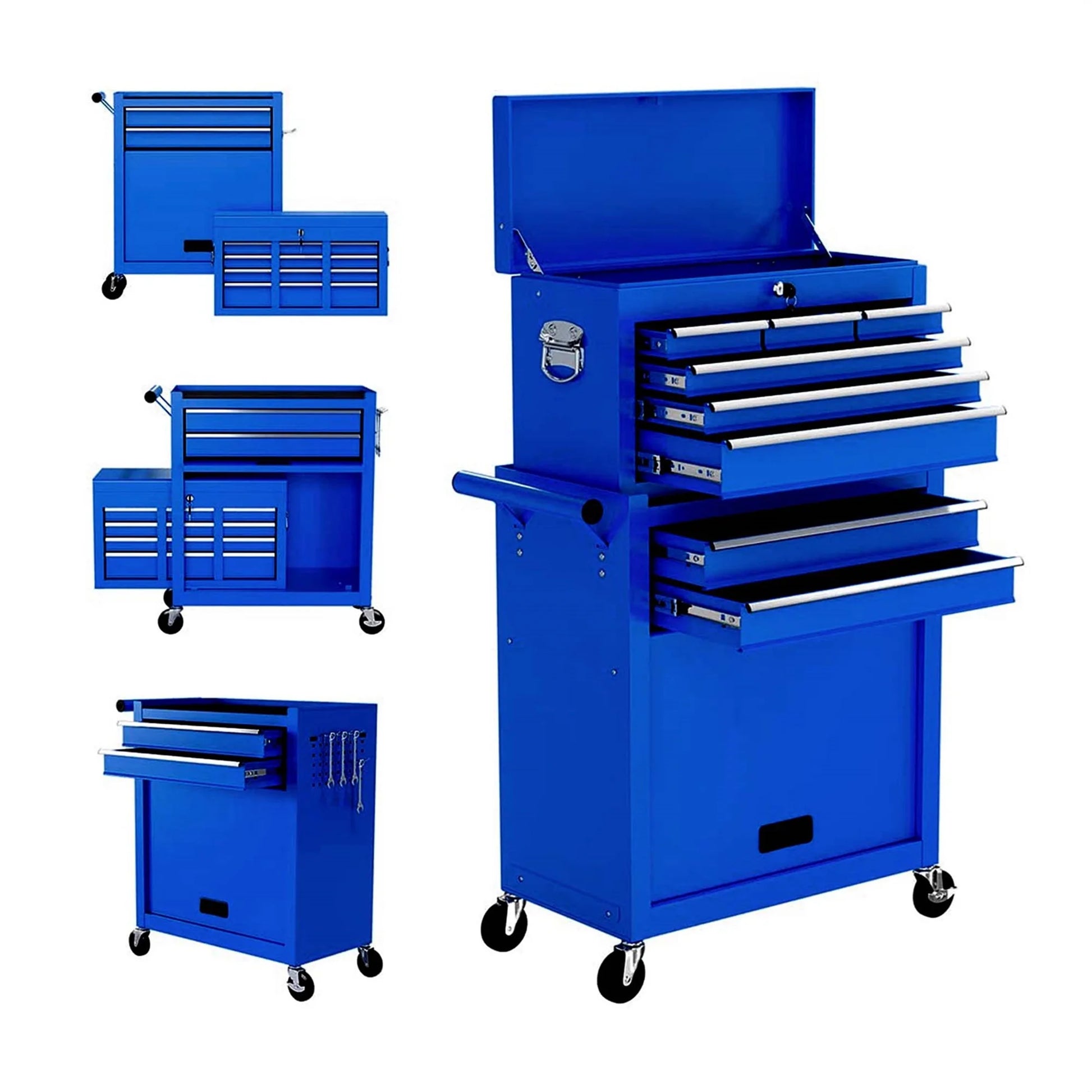 Aukfa Tool Box, 2 in 1 Steel Rolling Tool Chest & Cabinet on Wheels for Garage, 8-Drawers, Blue