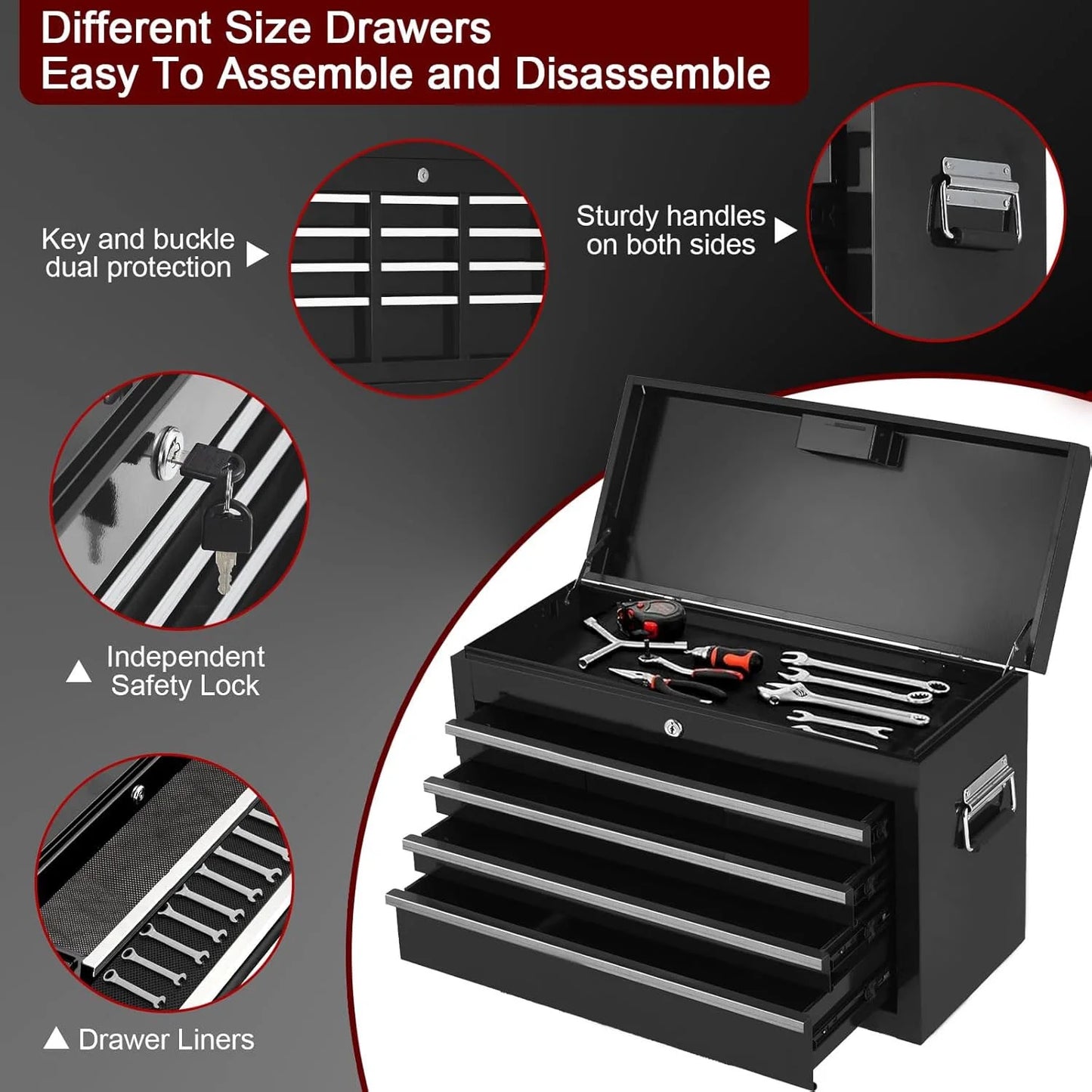 Huloretions 20" Tool Chest,Tool Storage Removable Tool Box Combo Rolling Tool Chest, 5-Drawers Metal Tool Box Organizer w/Auto Locking System & Lockable Wheels, Sliding Drawers, Detachable Top