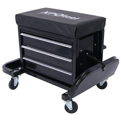 350-Pound Capacity Garage Glider Rolling Tool Chest SeatMechanics Roller Seat with 3 Drawers, Rolling Tool Chest Garage Chair, Toolbox on Wheels Mechanics Seat