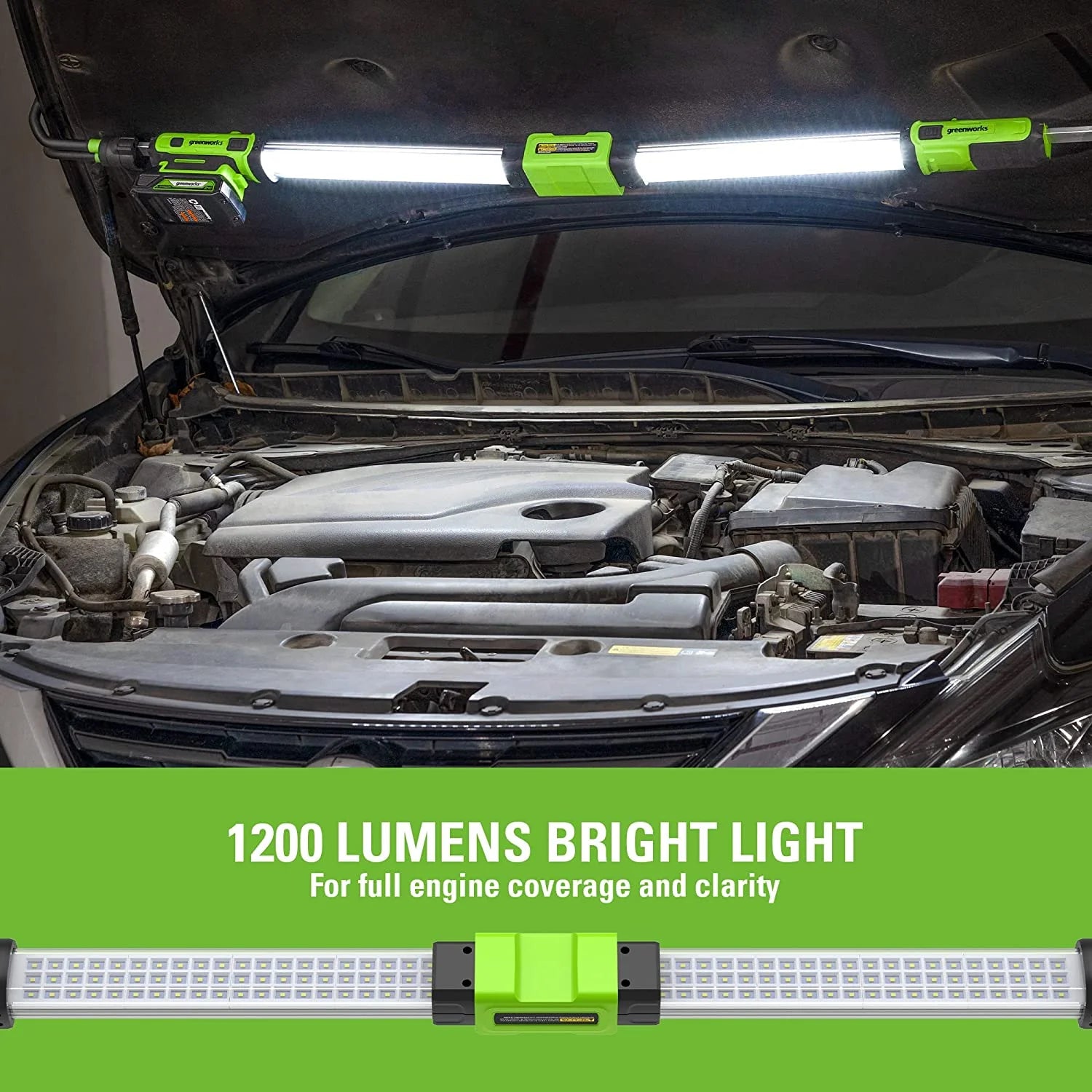 Greenworks 24V Underhood Work Light, 1200 Lumen LED Light Bar with 2Ah Battery and Charger