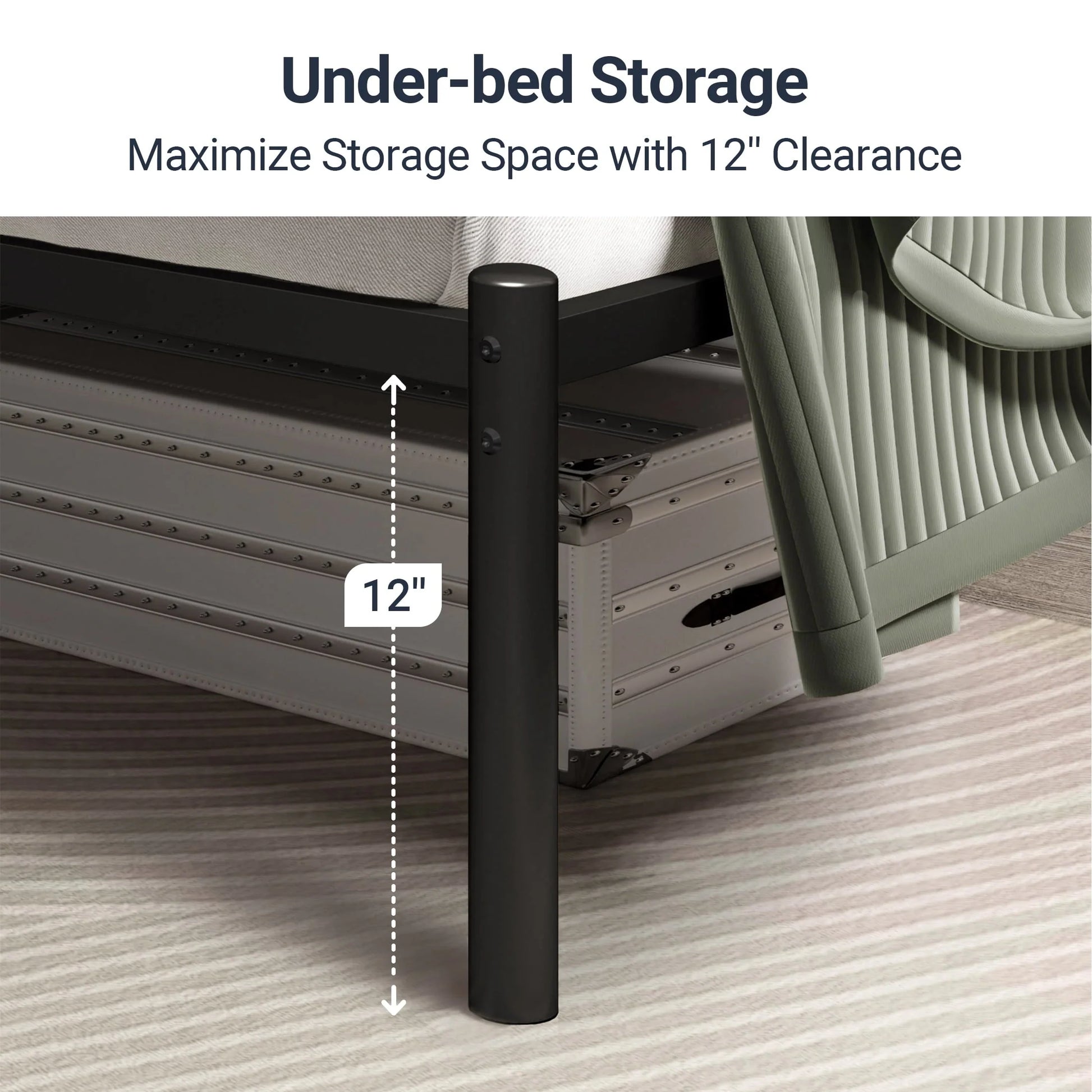 Allewie Black Queen Size Modern Metal Platform Bed Frame with Vintage Headboard and 12'' Under-bed Storage