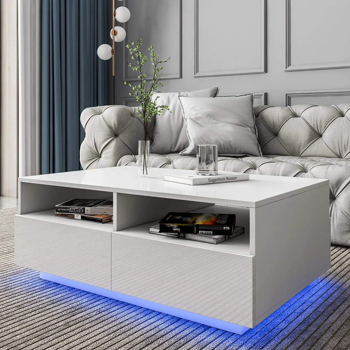 Hommpa LED Coffee Table Rectangular High Gloss Coffee Tea Table Modern Center Table with LED Light 4 Storage Drawers Sofa End Table for Living Room 35.4 x 22 x 13.8 Inches