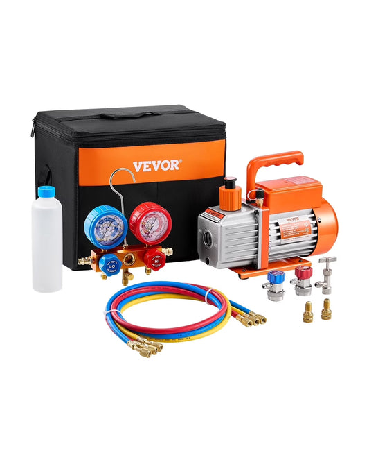 VEVOR 3.5 CFM AC Vacuum Pump and Gauge Set,Single Stage Rotary Vane HVAC Air Vacuum Pump,A/C Refrigerant Manifold Gauge Kit, with Hoses,for R134a,R12,R22,R502a,R410A,R404,R407C Refrigerants