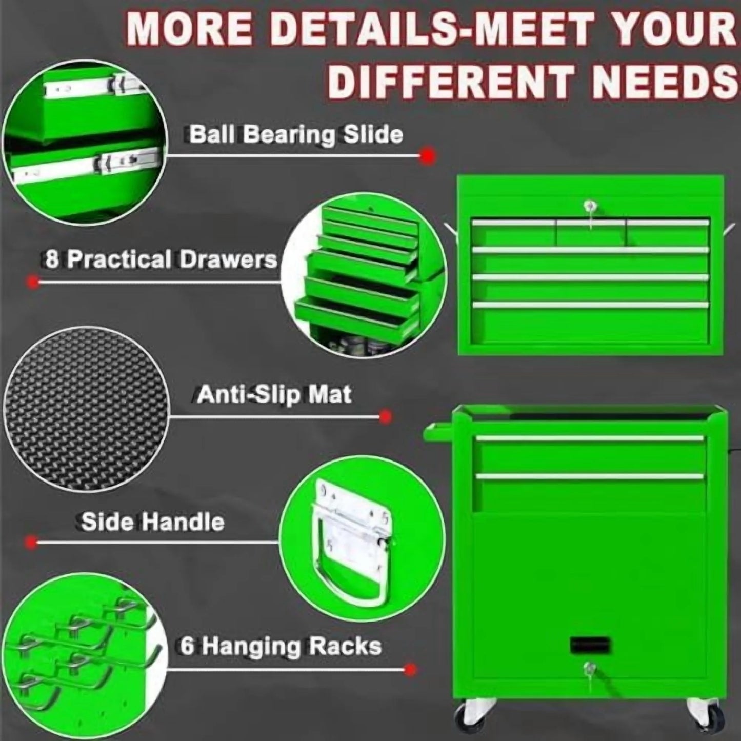 8-Drawer Rolling Tool Chest with Detachable Top Tool Box, Lockable Metal Tool Cabinet, and Liner, Heavy-Duty Storage Organizer with Wheels and 6 Hooks for Garage, Workshop, Green