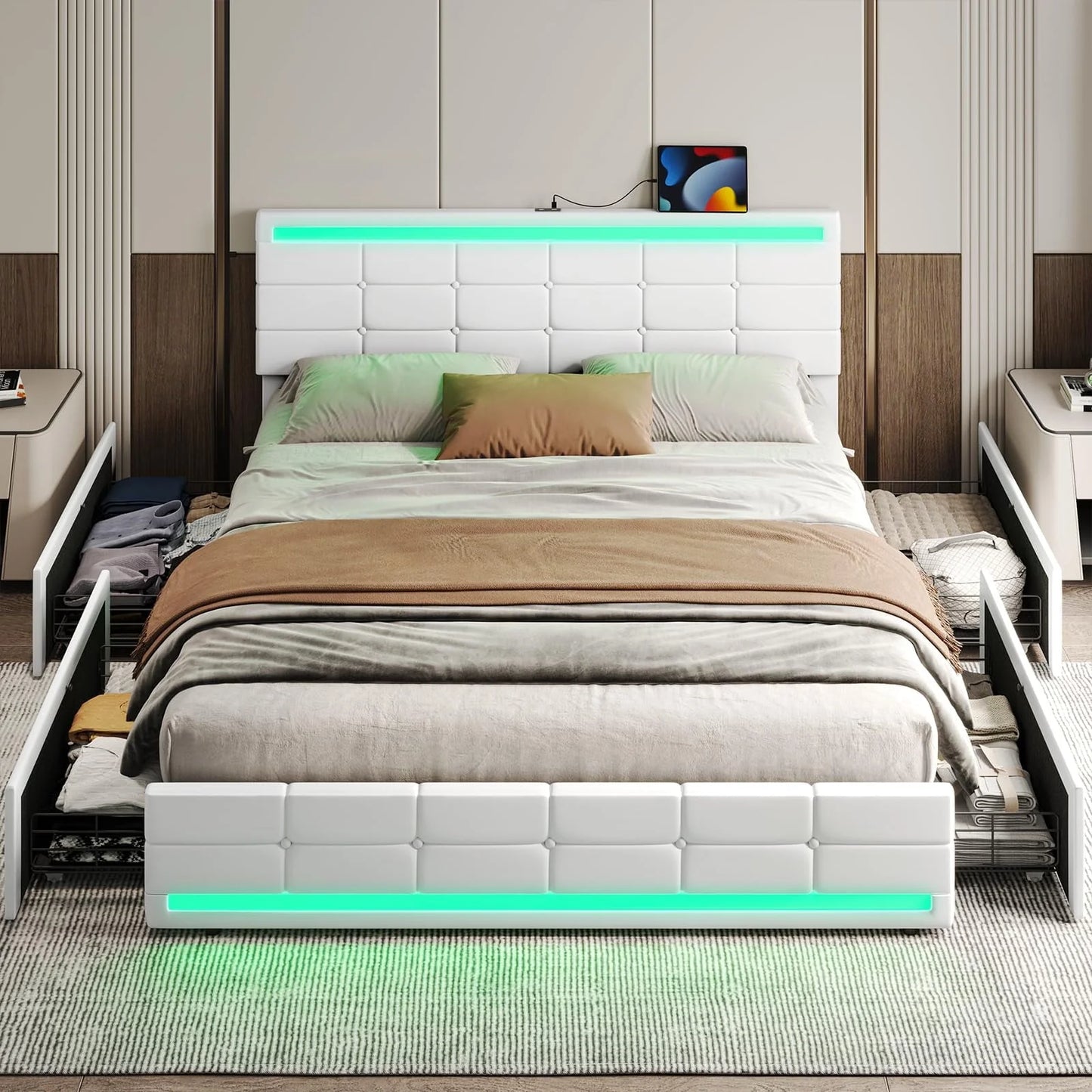Queen Platform Bed Frame with 4 Drawers Storage and Headboard, Pu Leather Upholstered LED Bed Frame with 2 USB Charging Station & Wood Slat Support,White