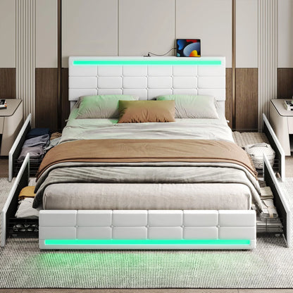 Queen Platform Bed Frame with 4 Drawers Storage and Headboard, Pu Leather Upholstered LED Bed Frame with 2 USB Charging Station & Wood Slat Support,White