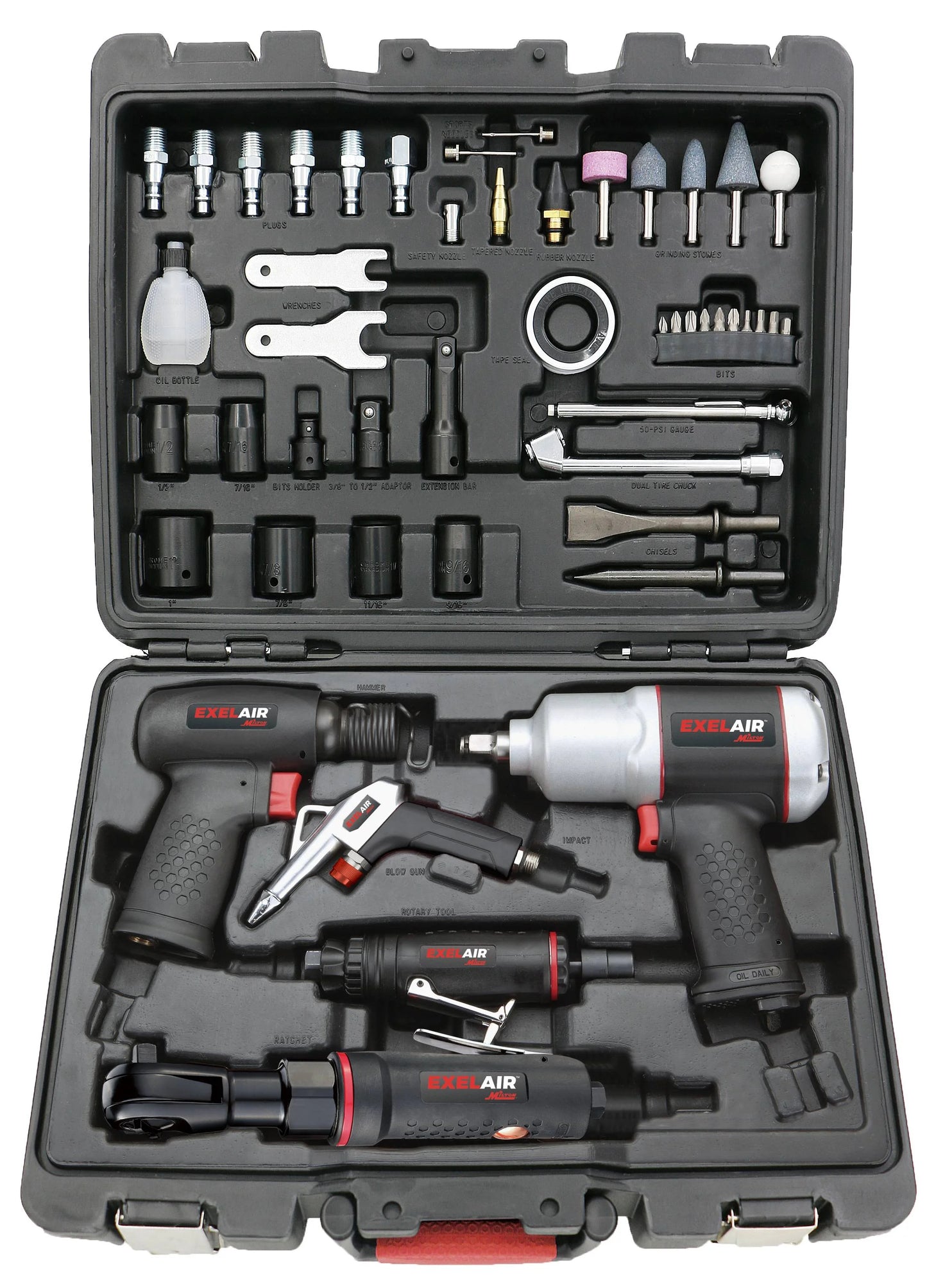 EXELAIR by Milton 50-PC Professional Automotive Composite Air Tools & Accessory Kit w/High Torque Impact Wrench