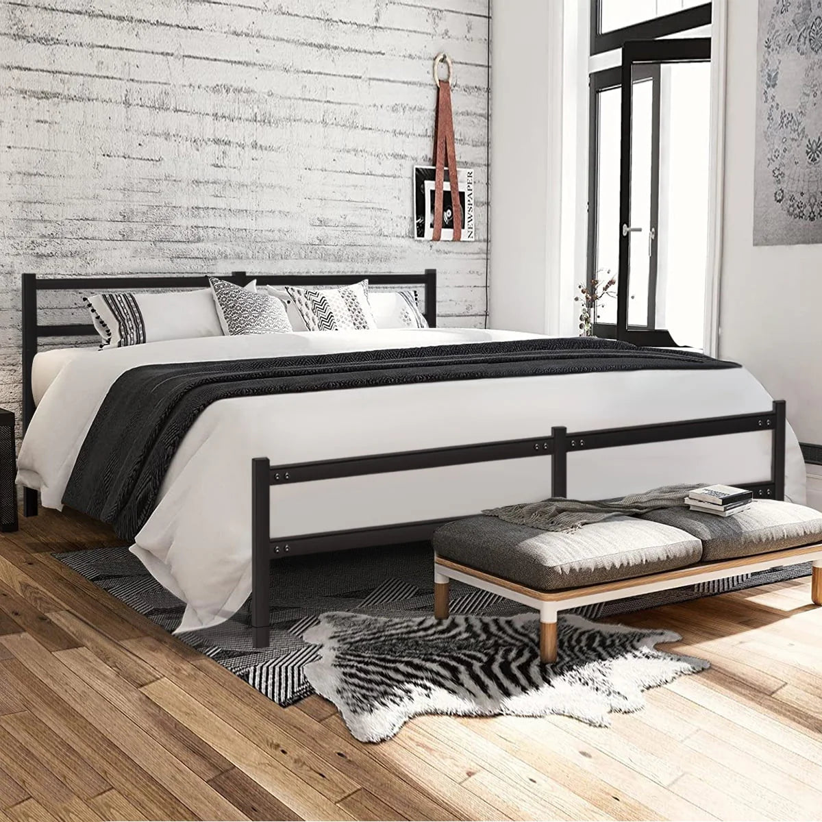 Lusimo King Bed Frame with Headboard and Footboard 14 Inch Sturdy Metal Platform King Size Bed Frame with Under Bed Storage Space Anti-Slip Noise-Free Mattress Foundation for Adult
