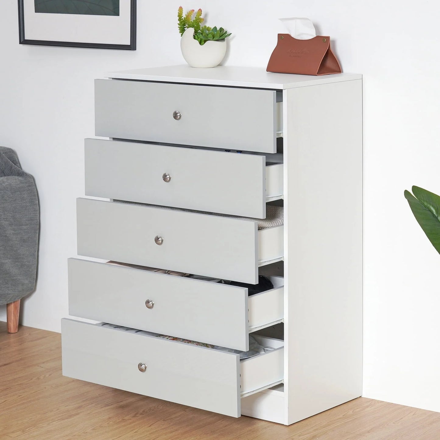 Hommpa 5 Drawers White Grey Dresser For Bedroom, 39.4" Tall Wood Chest of Drawers High Gloss Storage Cabinet with Metal Handles Modern Large Capacity Organizer