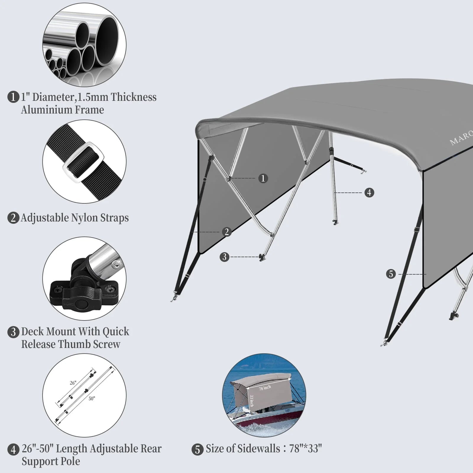 4 Bow Top Boat Cover with Aluminum Alloy Frame, Include Straps & Adjustable Rear Support Pole, Zippered Storage Boot, PU Coating Canvas Gray 8'L x 54" H x 73"-78" W