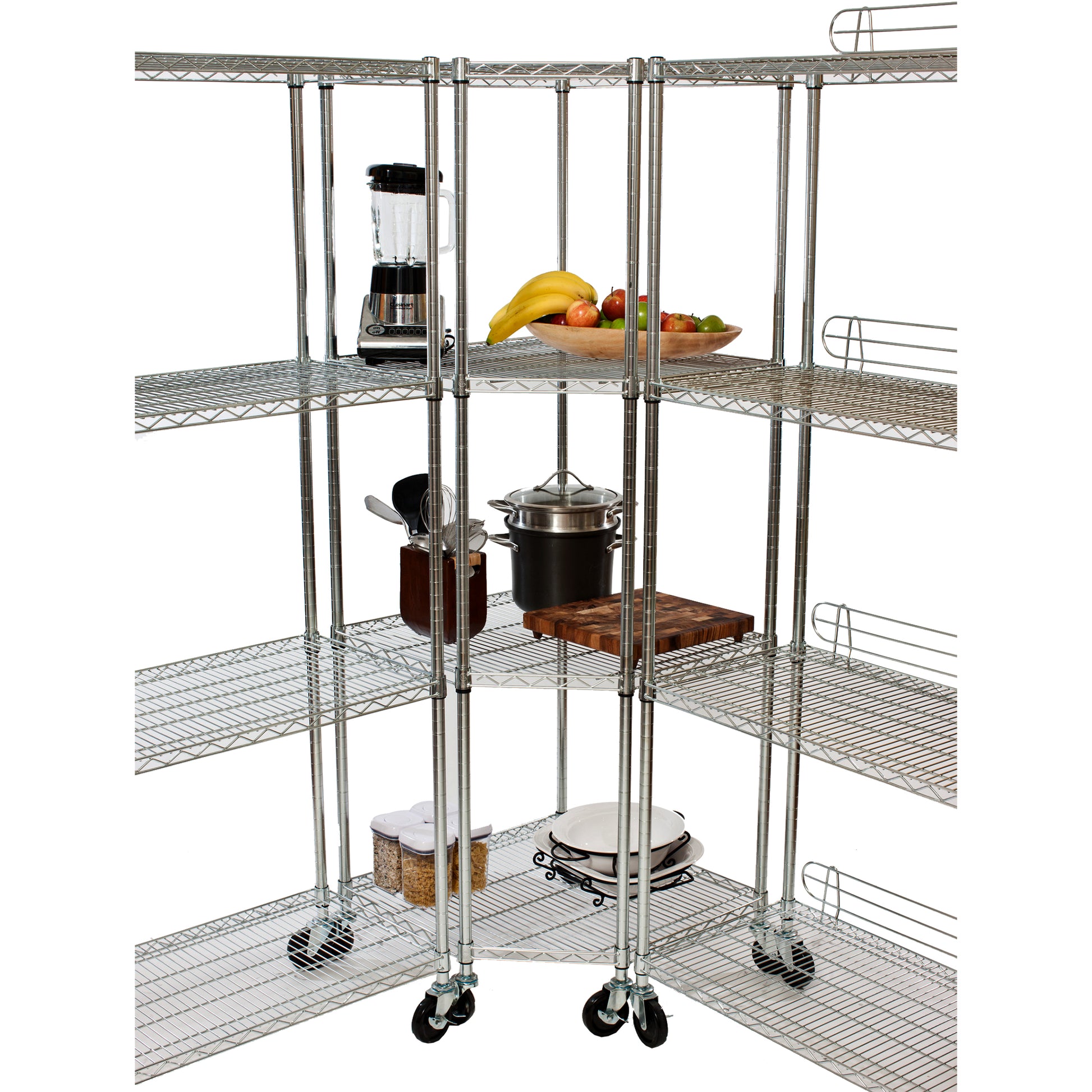 TRINITY EcoStorage 4-Tier Corner Wire Shelving Rack with Wheels, 18' D, NSF, Chrome Color
