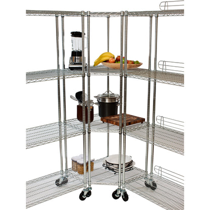TRINITY EcoStorage 4-Tier Corner Wire Shelving Rack with Wheels, 18' D, NSF, Chrome Color