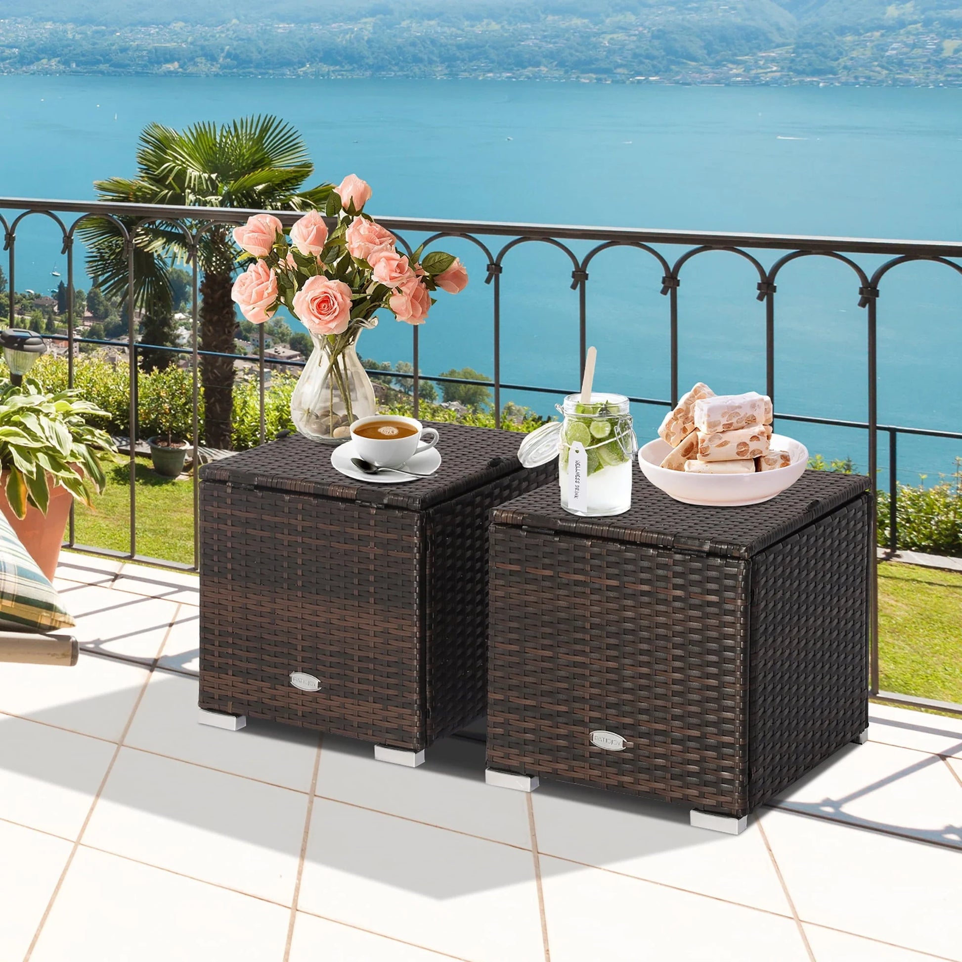 Costway 2PC Patio Rattan Ottoman Seat Side Table Storage Box Footrest Off White