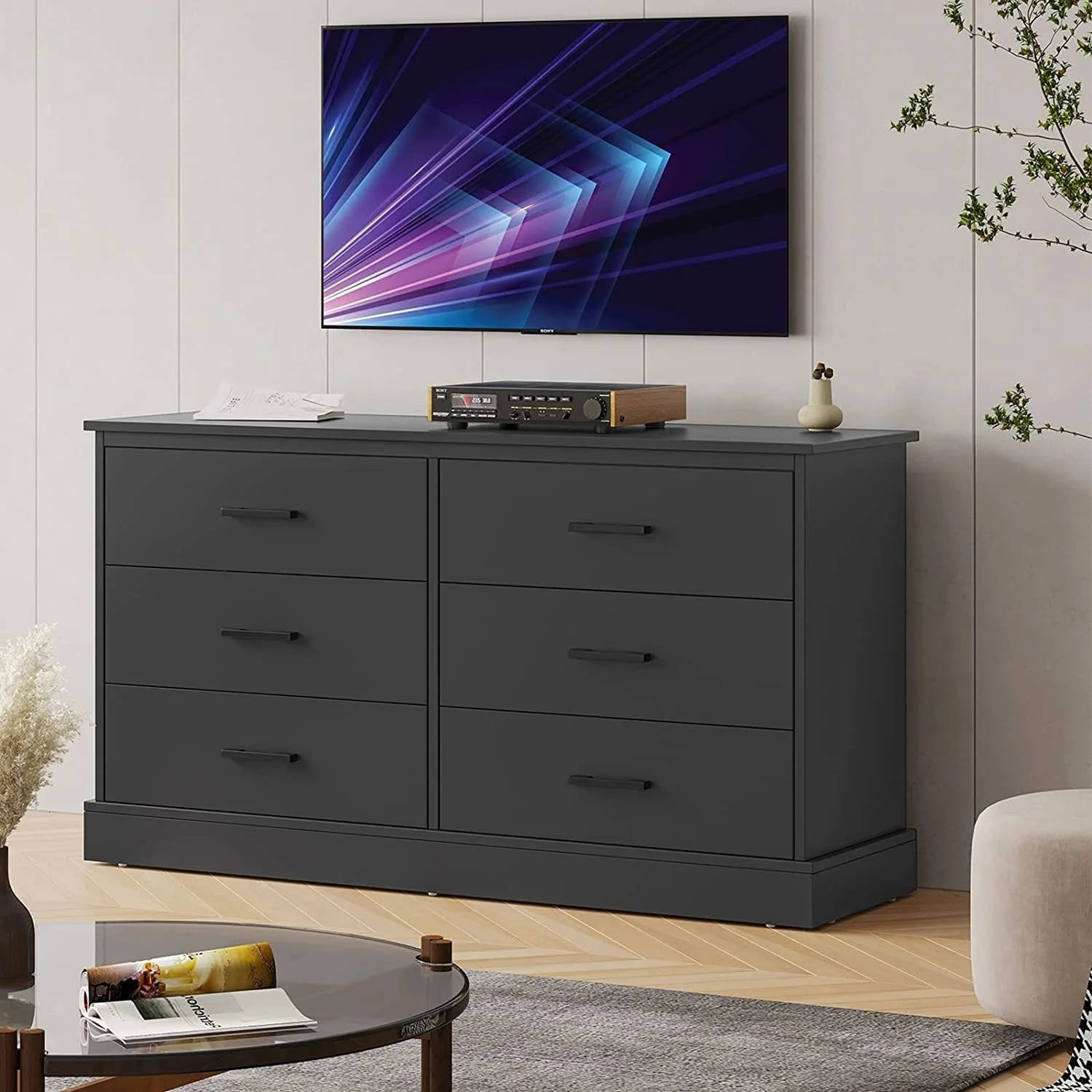 Black Double Dresser with 6 Drawers for Bedroom, Wood Large Chest of Drawers Storage Tower Clothes Organizer