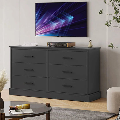 Black Double Dresser with 6 Drawers for Bedroom, Wood Large Chest of Drawers Storage Tower Clothes Organizer
