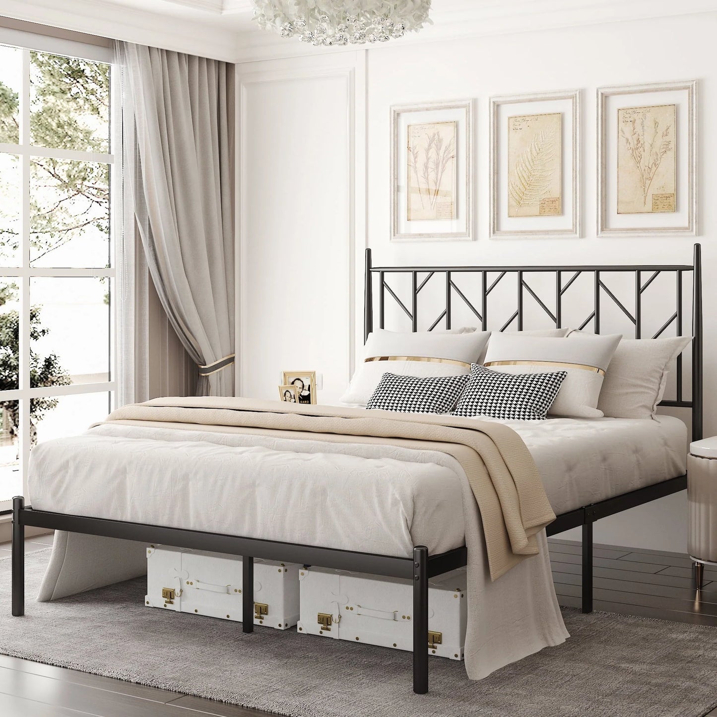 Allewie Black Queen Size Modern Metal Platform Bed Frame with Vintage Headboard and 12'' Under-bed Storage